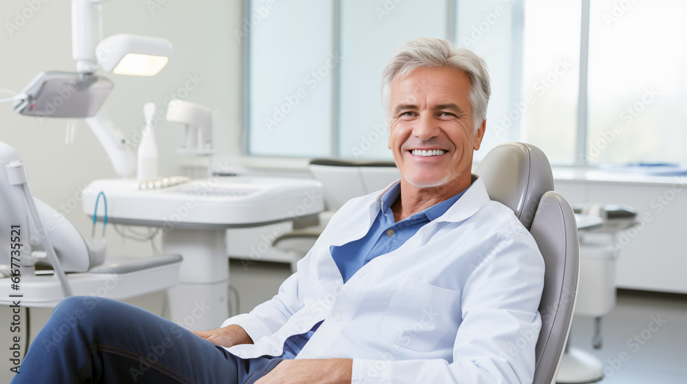 Portrait of grey haired middle aged man dentist wearing white uniform sitting in chair in his own dentistry.