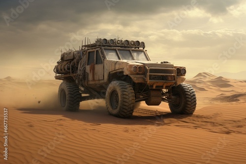 Vehicle on a sandy terrain. Generative AI © Eirene