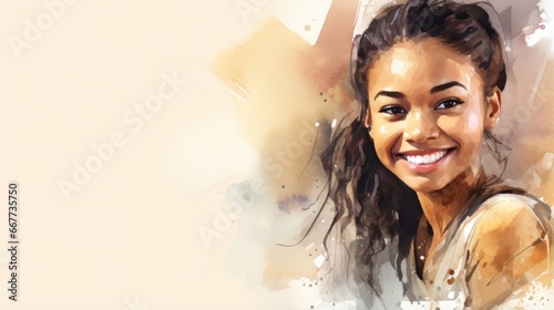 Smiling Teen Black Woman with Brown Straight Hair Watercolor Illustration. Portrait of Casual Person on white background with copy space. Photorealistic Ai Generated Horizontal Illustration.