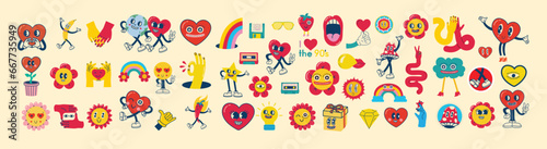 Retro happy Valentines day. Comic happy heart character in trendy retro 60s 70s cartoon style. Retro characters and elements. Groovy hippie love sticker set.