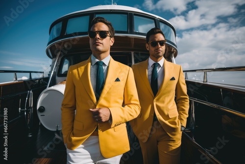Men in Yellow Suits on a Boat at Sea