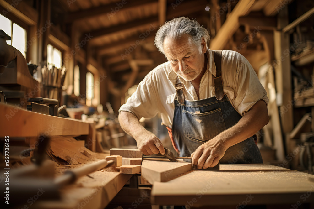 Carpenter working with equipment on wooden table in carpentry shop.