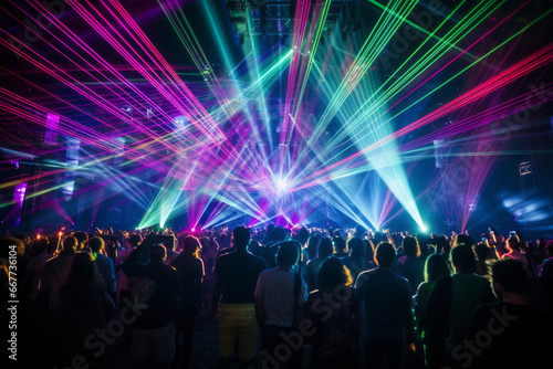 Crowd watching a laser show at a nightclub. People participating in music event with lasers. photo