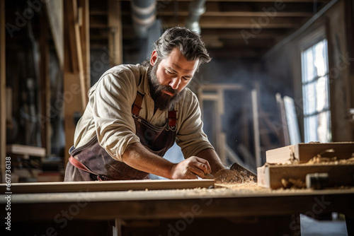Carpenter working with equipment on wooden table in carpentry shop.