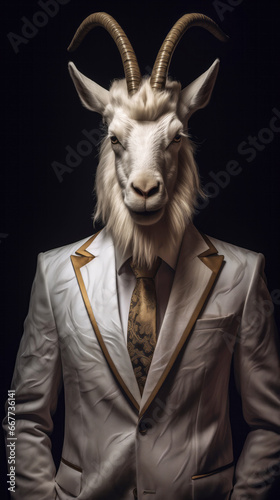 White goat dressed in an elegant suit with a nice tie. Fashion portrait of an anthropomorphic animal posing with a charismatic human attitude