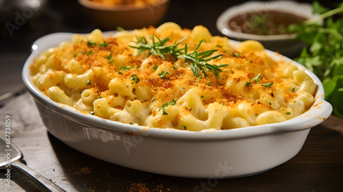 Mac and cheese, american style macaroni pasta in cheesy sauce