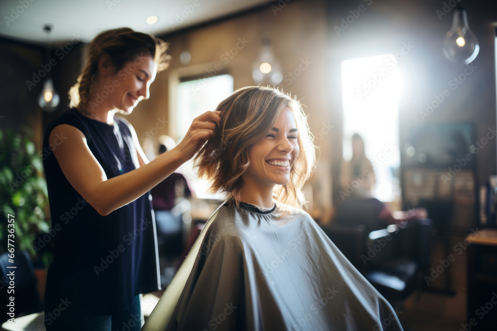 Beautiful young woman getting a haircut at hair salon. Hairstylist doing a hairstyle to a customer at a beauty salon. - obrazy, fototapety, plakaty 