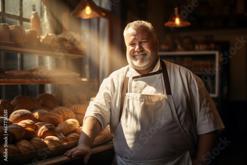 Senior baker wearing chef's hat and apron standing in bakery, surrounded with with bread and rolls. Elderly professional baker man wearing a chef's outfit.