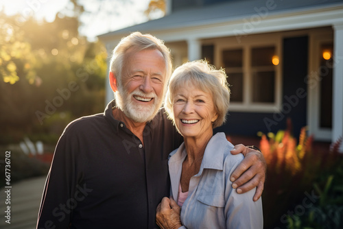 Beautiful senior couple standing on front of their house after their kids left the nest. Happy retirement, enjoying life together.