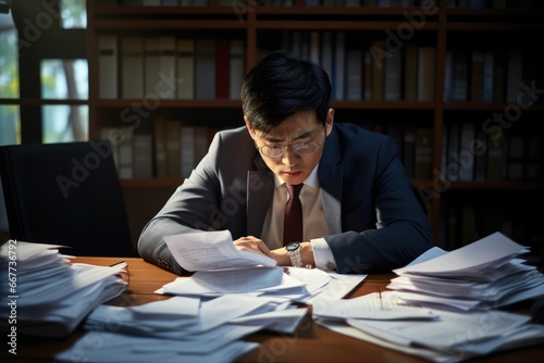 A Businessman at Work with Documents and Office Supplies