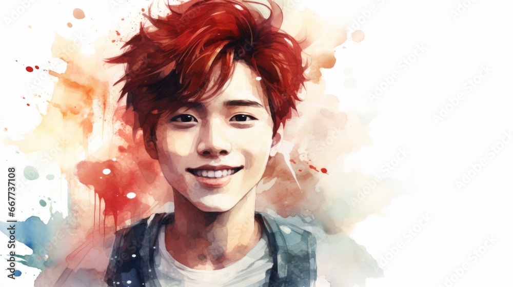 Smiling Teen Chinese Man with Red Straight Hair Watercolor Illustration. Portrait of Casual Person on white background with copy space. Photorealistic Ai Generated Horizontal Illustration.