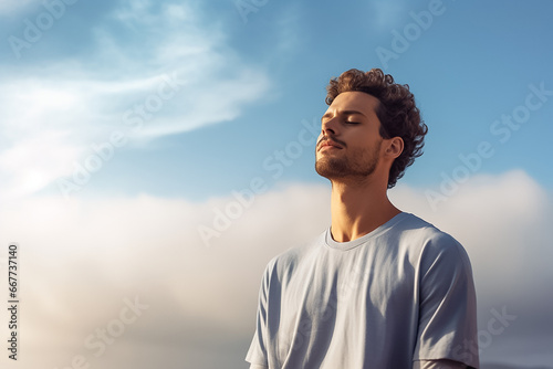 the portrait of a young adult man tilts his head up and closes his eyes while breathing fresh air in the natural atmosphere of the forest and blue sky, Generative AI.