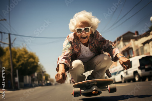 Fierce crazy granny riding skateboard on the street.