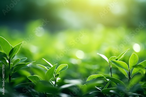 Closeup of green nature leaf and plant on blurred greenery background in garden with bokeh and copy space for texts. Environment ecology or greenery wallpaper.