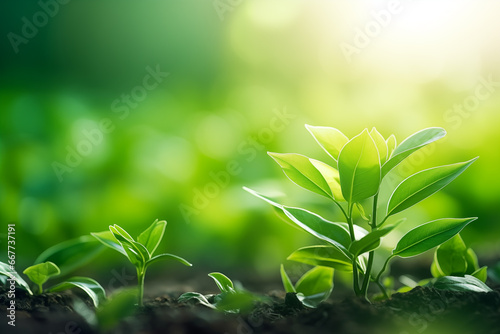 Closeup of green nature leaf and plant on blurred greenery background in garden with bokeh and copy space for texts. Environment ecology or greenery wallpaper.