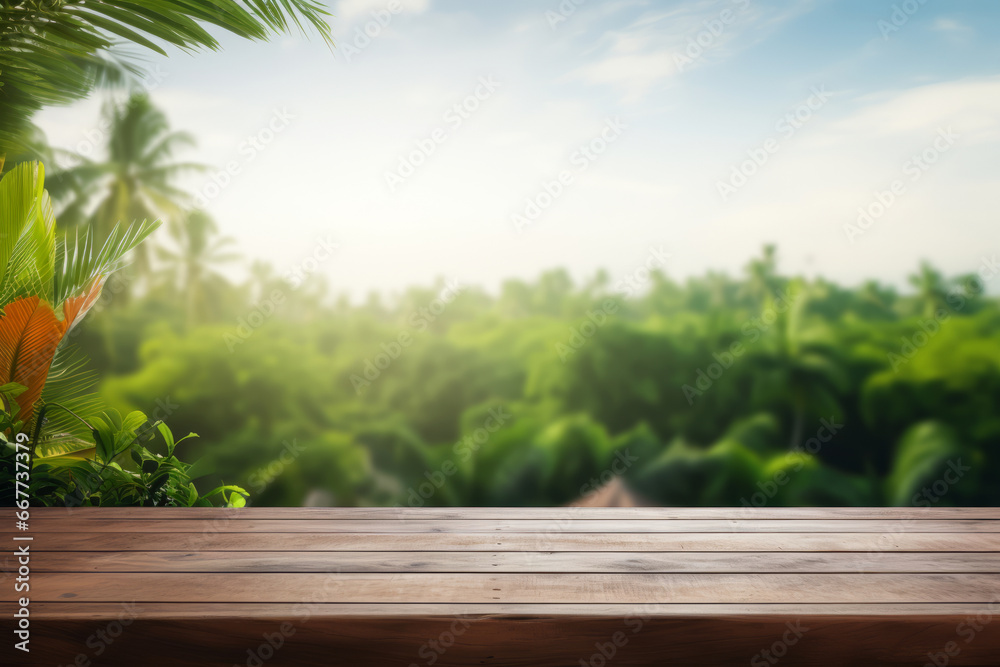 Empty wooden table on a backdrop of tropical foliage on sunny day. Product display template. Empty wooden table on a backdrop of tropical foliage on sunny day. Product display template.