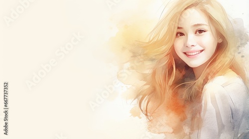 Smiling Teen Chinese Woman with Blond Straight Hair Watercolor Illustration. Portrait of Casual Person on white background with copy space. Photorealistic Ai Generated Horizontal Illustration. © Vector Juice