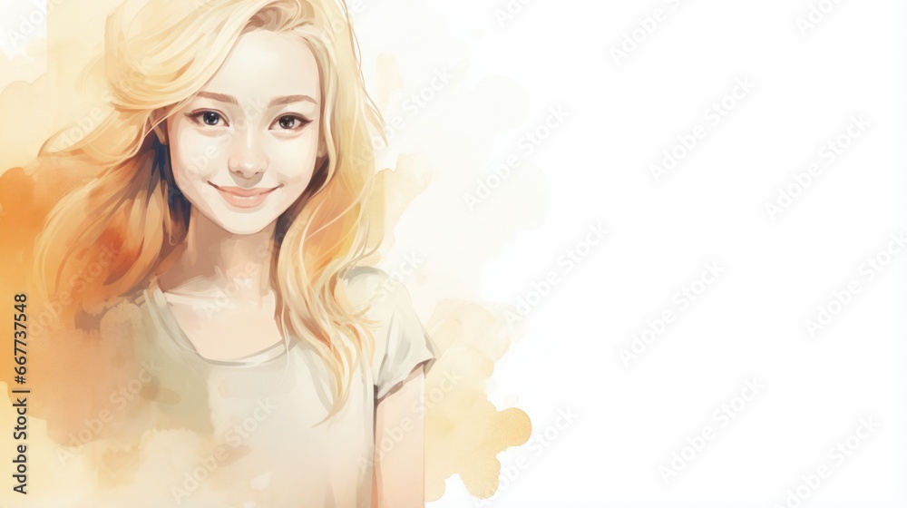 Smiling Teen Chinese Woman with Blond Straight Hair Watercolor Illustration. Portrait of Casual Person on white background with copy space. Photorealistic Ai Generated Horizontal Illustration. Smiling Teen Chinese Woman with Blond Straight Hair Watercolor Illustration. Portrait of Casual Person on white background with copy space. Photorealistic Ai Generated Horizontal Illustration.