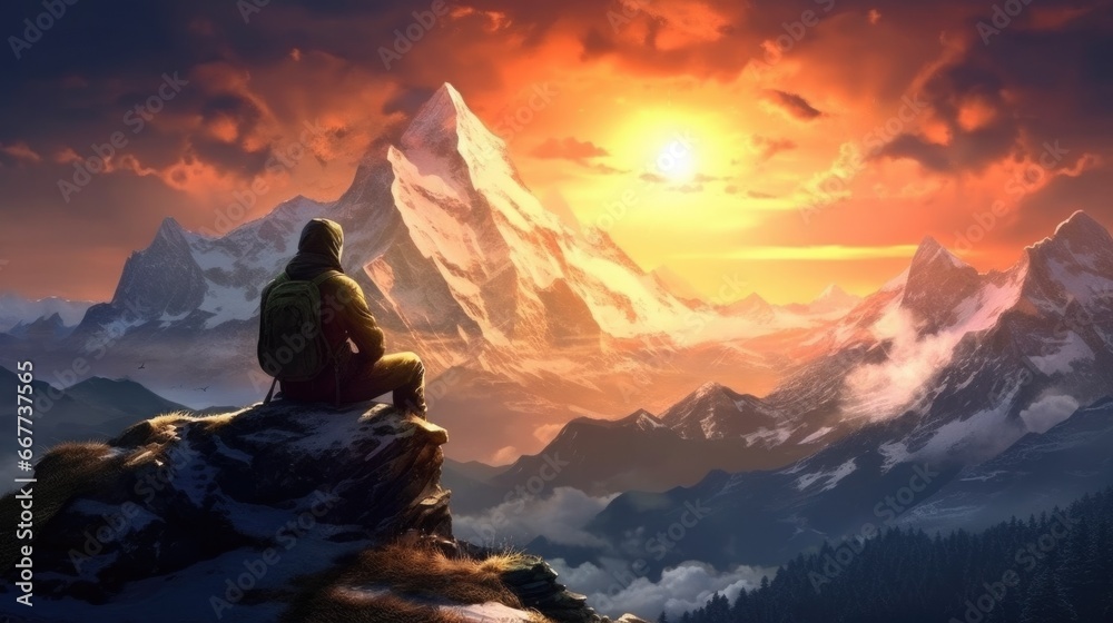 person watching a beautiful sunset from the snowy mountains generative ai