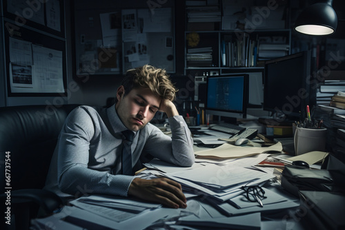 Exhausted office worker overwhelmed with computer job. Male employee suffer from headache from screen. Office clerk collapsing from overwork or stress. Burnout at work. photo