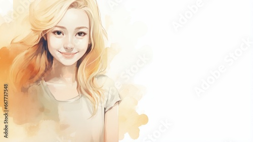 Smiling Teen Chinese Woman with Blond Straight Hair Watercolor Illustration. Portrait of Casual Person on white background with copy space. Photorealistic Ai Generated Horizontal Illustration. © Vector Juice