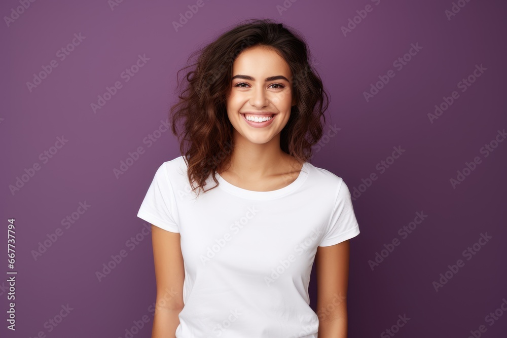 A Woman Posing Elegantly in Front of a Vibrant Purple Wall A Woman Posing Elegantly in Front of a Vibrant Purple Wall