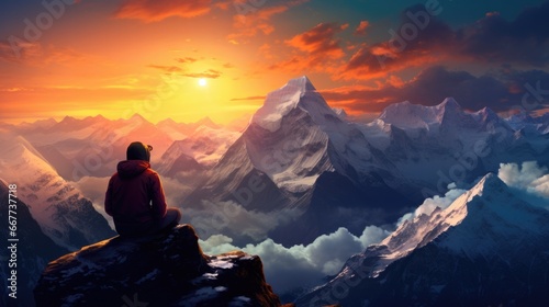 person watching a beautiful sunset from the snowy mountains generative ai