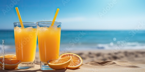 AI Generated. AI Generative. Two orange yellow juices on vaction travel relaxing. Beach sand and sea ocean on background. Graphic Art