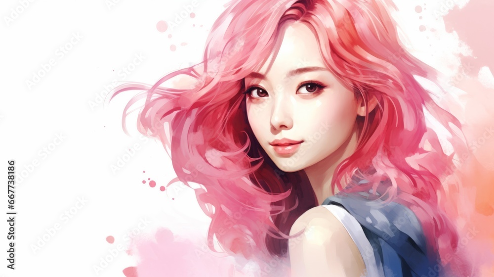 Smiling Teen Chinese Woman with Pink Straight Hair Watercolor Illustration. Portrait of Casual Person on white background with copy space. Photorealistic Ai Generated Horizontal Illustration.