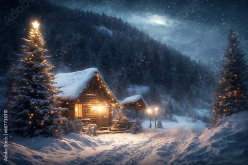 old wooden house decorated with lights and Christmas tree in winter forest, snow covered trees and mountains, cloudy sky at night, blizzard © soleg