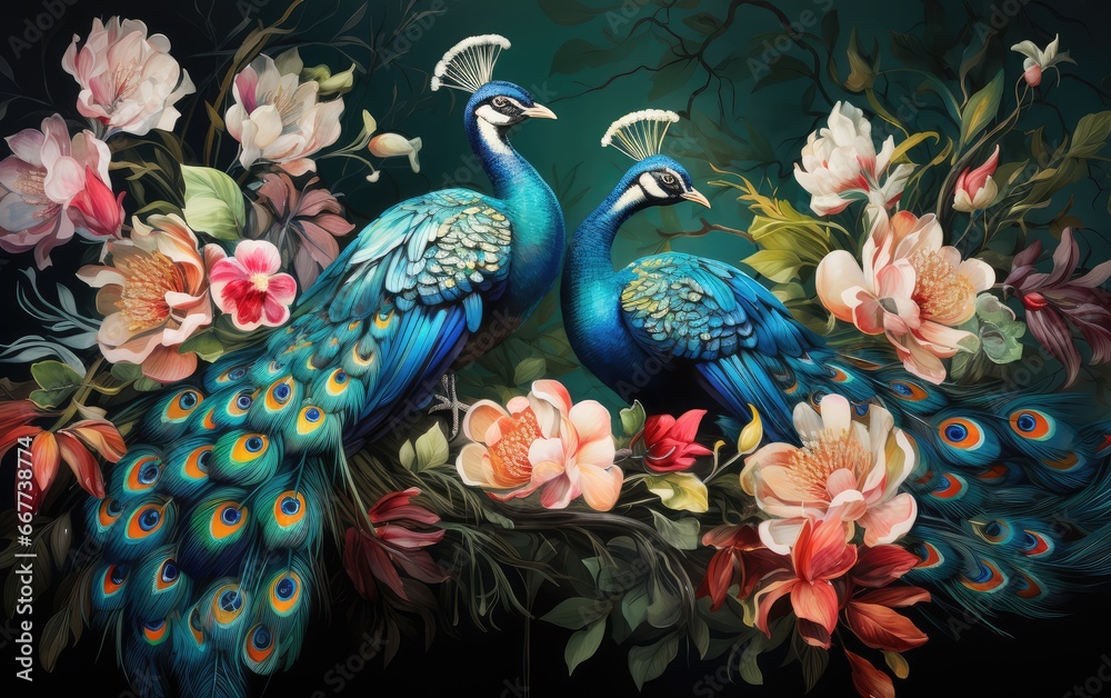 Exceptionally beautiful wall-hanging paintings, featuring a combination of animals, plants, flowers, and abstract elements. Created by AI