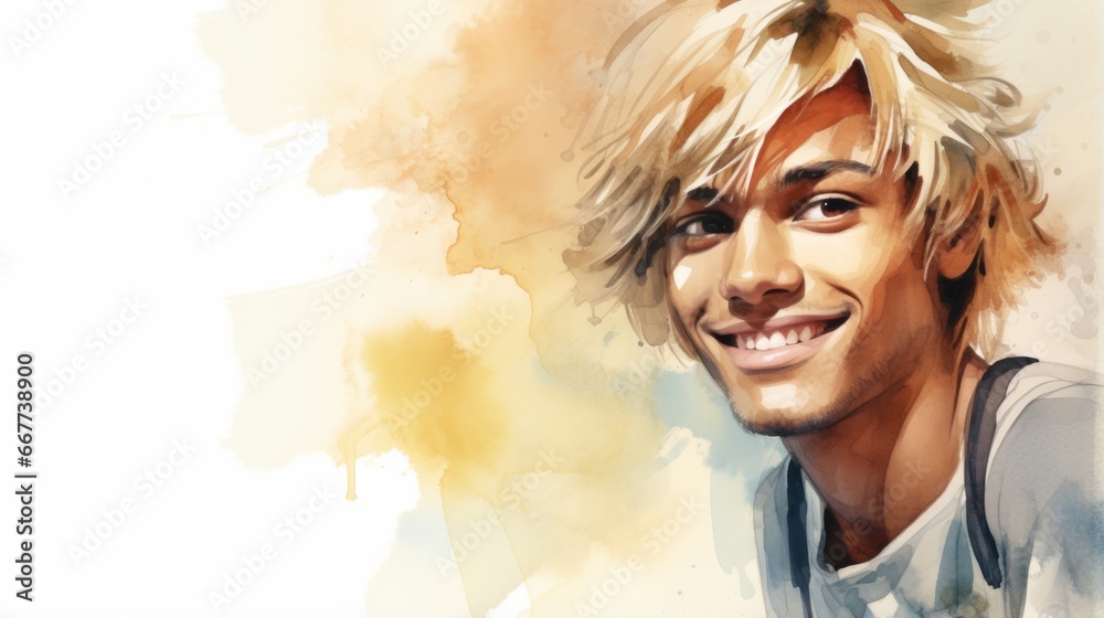 Smiling Teen Indian Man with Blond Straight Hair Watercolor Illustration. Portrait of Casual Person on white background with copy space. Photorealistic Ai Generated Horizontal Illustration.