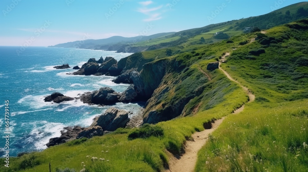 Fototapeta premium beautiful view of beach surrounded by green and rocky mountains generative ai