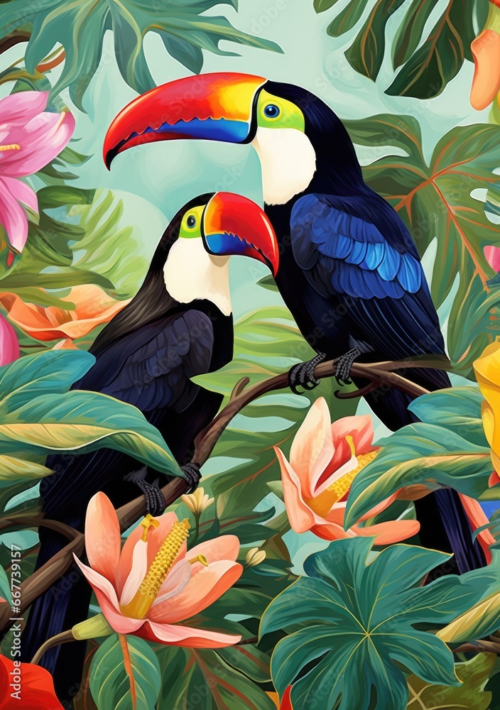Fototapeta premium Birds on a Perch: A Beautiful Painting of Feathered Friends Enjoying Nature