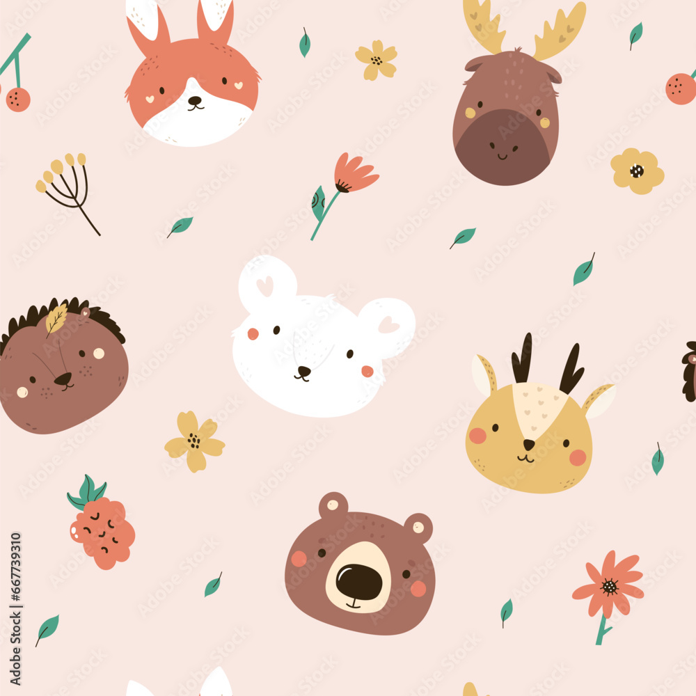 Seamless pattern with faces of cute forest animal faces - bear, moose, hedgehog, deer, mouse and rabbit