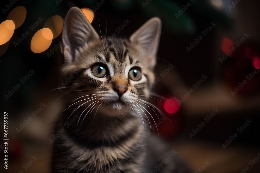 Cute curious kitten on dark background with bokeh