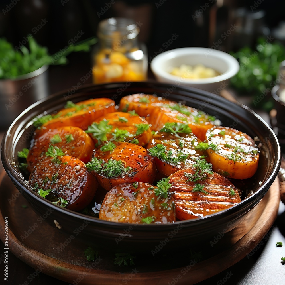 closeup of glazed caramelized carrots topped with fresh parsley and melted butter, ai generative