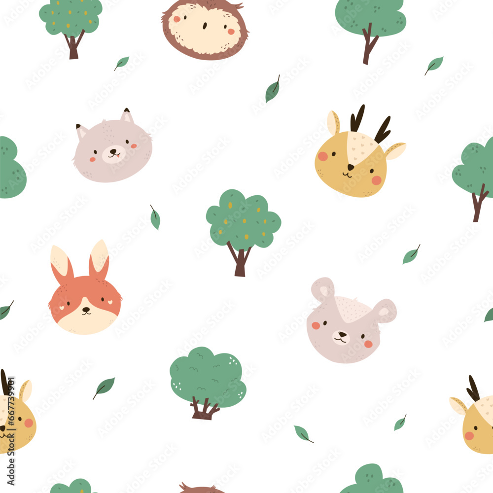 Seamless pattern with faces of cute forest animal faces - wolf, owl, opossum, rabbit, owl, deer and trees Seamless pattern with faces of cute forest animal faces - wolf, owl, opossum, rabbit, owl, deer and trees