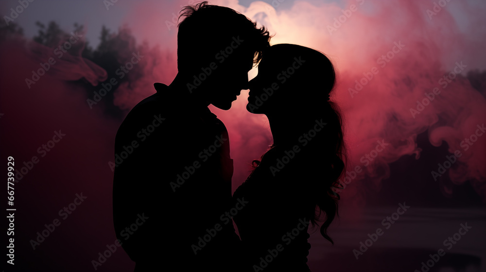 Silhouette of a loving couple on the background of smoke.