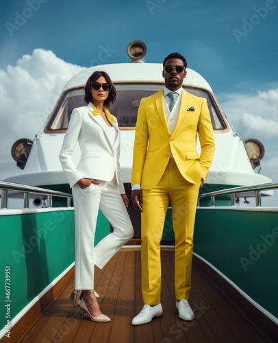 Yellow Suit Couple on a Boat with Ocean Background