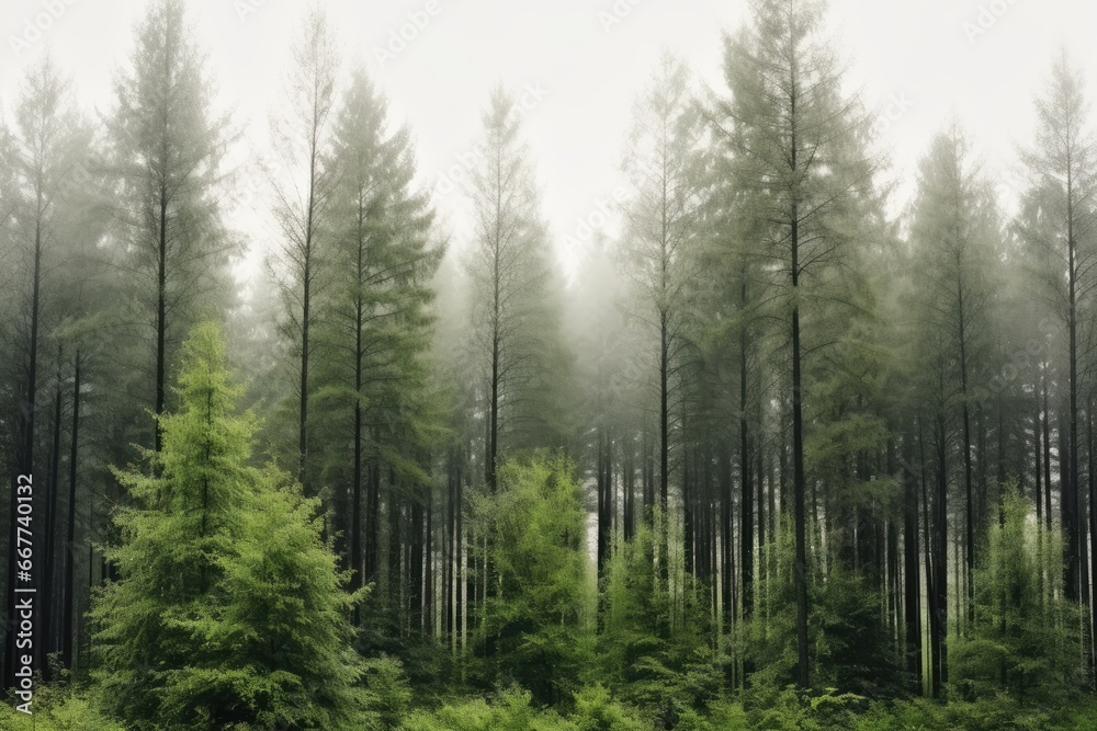 A view of a pine forest in the morning covered in fog. A view of a pine forest in the morning covered in fog.