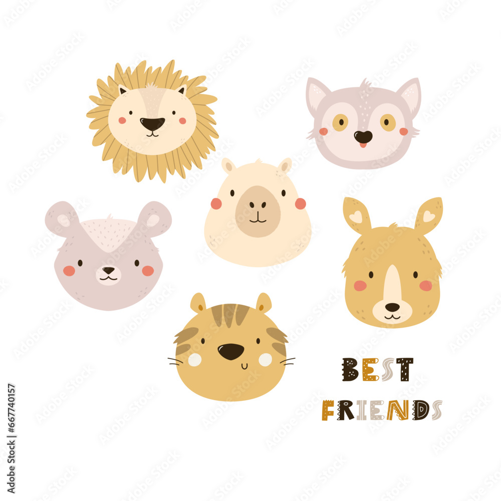 Fototapeta premium Childish print, vector illustration with animal portraits of lion, opossum, tiger, capybara, lemur and kangaroo