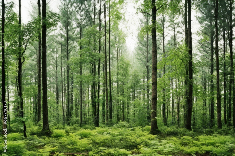 A view of a pine forest in the morning covered in fog.