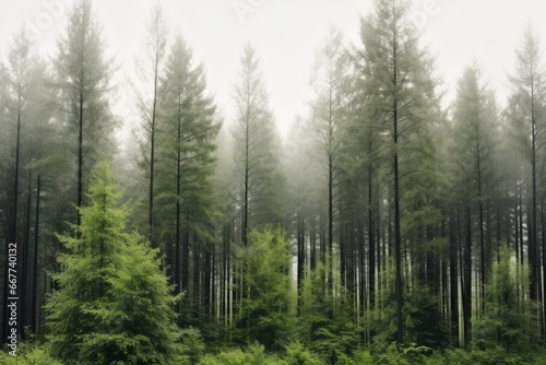 A view of a pine forest in the morning covered in fog.