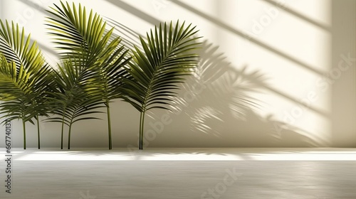 Serene Palm Shadows: Light Background with Minimalist Palm Leaf Silhouettes. AI generated