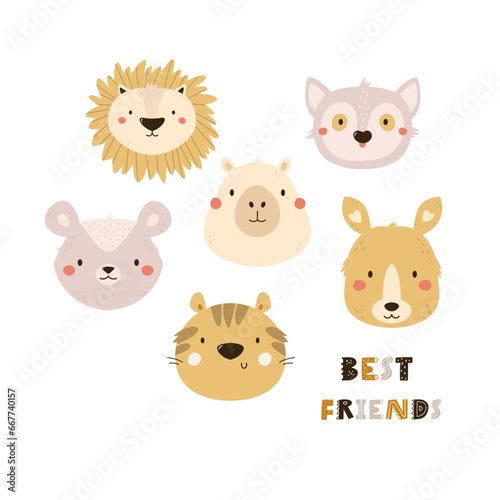 Childish print, vector illustration with animal portraits of lion, opossum, tiger, capybara, lemur and kangaroo
