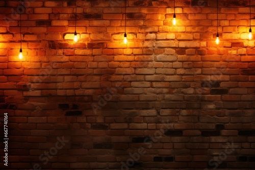 The background is a rough brown old brick wall with a small orange light bulb across it. photo