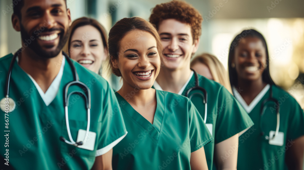 Group of medical student nurses in training at college, diverse doctor colleagues. Group of medical student nurses in training at college, diverse doctor colleagues.