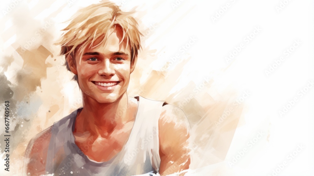 Smiling Teen Latino Man with Blond Straight Hair Watercolor Illustration. Portrait of Casual Person on white background with copy space. Photorealistic Ai Generated Horizontal Illustration.