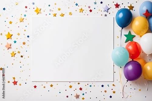 Mockup card, birthday party invitation framed with stars and balloons.